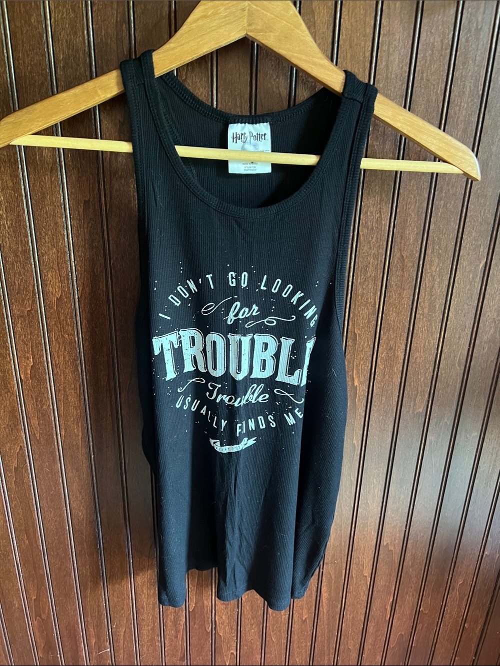 Harry Potter Black Ribbed Tank Top with White 'Trouble' Graphic Size Small